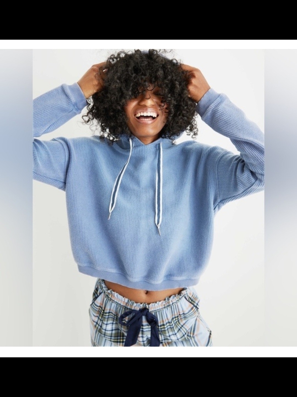 aerie Sky Blue Cropped Rib-Knit Hoodie